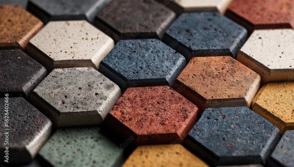 Fototapeta premium Close-up view of various colored hexagonal tiles, arranged in a grid pattern. Different shades of brown, beige, gray, and muted colors create a textured mosaic effect