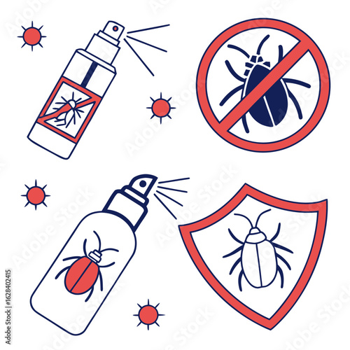 Illustration depicting pest control measures with spray bottles and insect protection symbols shown here