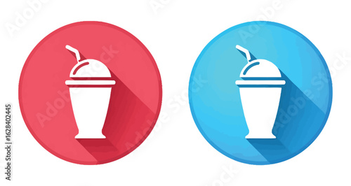 Set of two minimalist drink cup icons in red and blue with long shadows and white silhouette—ideal for app UI, café branding, or beverage themes