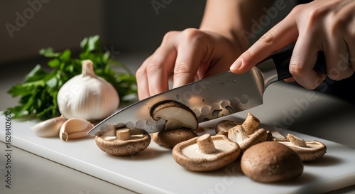 A person preparing a healthy and wholesome meal at home, carefully chopping fresh brown mushrooms on a cutting board alongside garlic and parsley with a professional chef's knife
