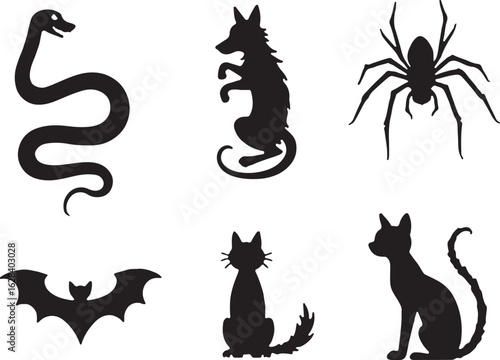 Spooky Halloween silhouettes of animals and bats for decor