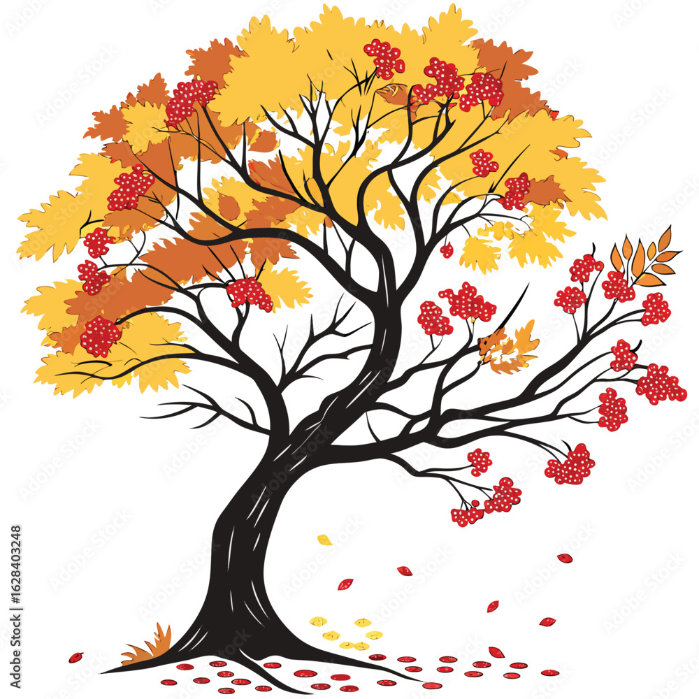 Fototapeta premium Autumn tree with red berries and yellow leaves orange leaves falling leaves