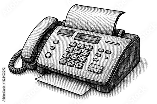 Vintage engraved fax machine with retro aesthetic detailing
