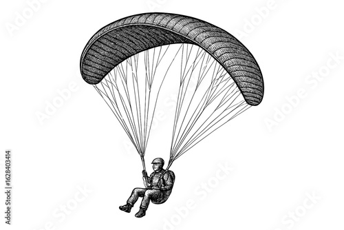Vintage ink drawing of a solo paraglider in flight