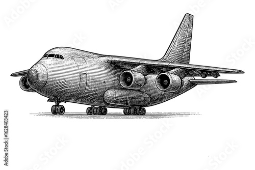 Intricate line art of large airplane with detailed engines and wings
