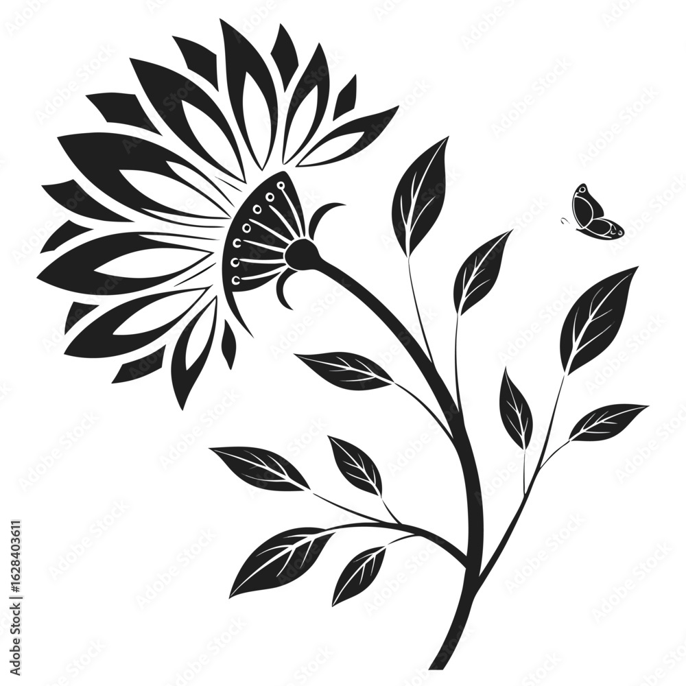 Black floral design with butterfly white flower