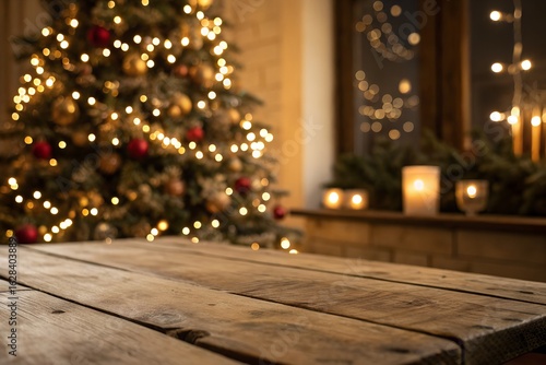 Wallpaper Mural Empty rustic wooden table with blurred Christmas tree and lights in the background. Torontodigital.ca