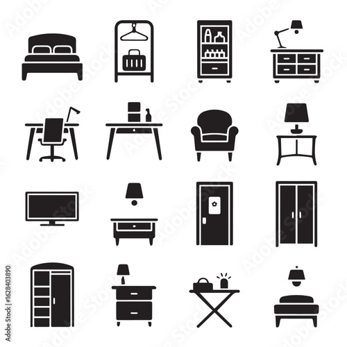 Vector art of a comprehensive collection of black silhouette icons representing various home furniture and interior elements