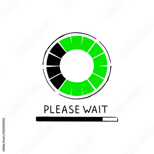 Circular loading bar with segments filling up and text please wait