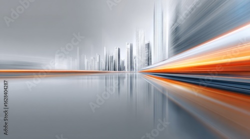 Abstract cityscape with motion blur.  A futuristic,  blurred view of buildings and a road,  with streaks of orange and gray.  A reflective surface creates an impression of speed and urban energy