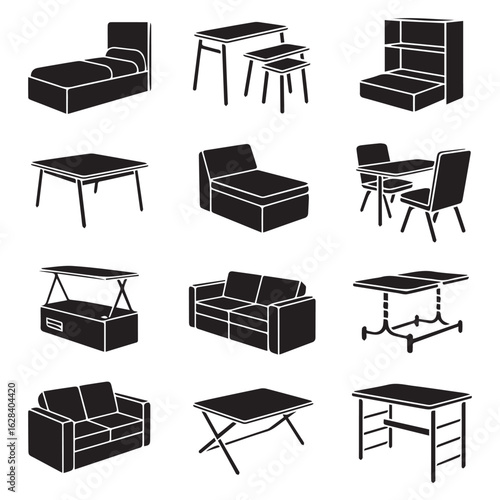 Vector art of a comprehensive collection of twelve black and white icons featuring various essential furniture pieces for different rooms in a home