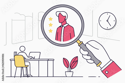  hyper realistic close up of a hand holding a magnifying glass, examining a stylized icon of a person, elegant office environment, minimalist design, vibrant colors, flat illustration