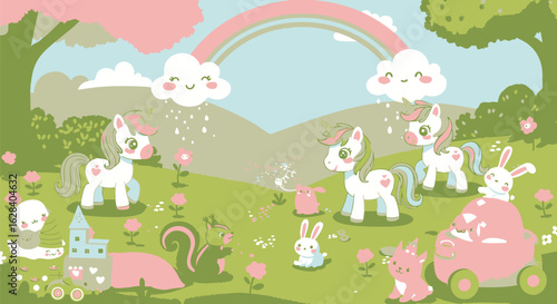 Adorable pastel unicorns, bunnies, and woodland creatures frolic in a whimsical rainbow meadow.