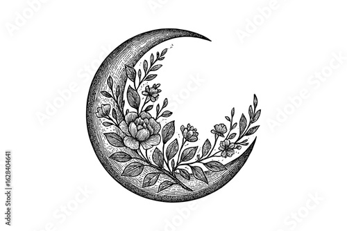 Elegant floral crescent moon with intricate botanical design