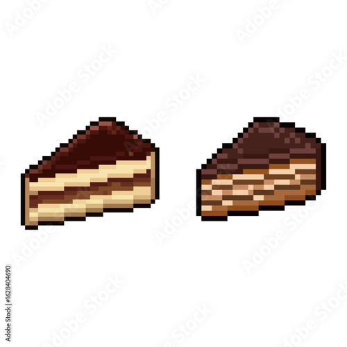 Pixel Art Chocolate Layer Cake Slice Set. A set of two pixel art illustrations of a slice of chocolate layer cake with multiple layers of cake and frosting, topped with a rich chocolate ganache.