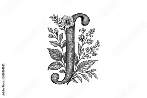 Intricate floral lettering j with detailed botanical design