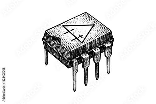 Vintage circuit op amp chip drawing in intricate black and white crosshatch style