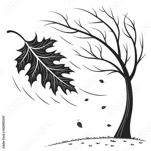 Black silhouette of a falling leaf blown by the wind near a bare tree autumn