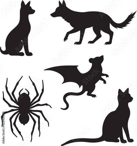 Mystical creatures and pets silhouette collection