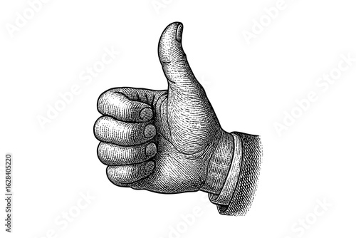 Vintage engraving style thumbs up gesture in black and white