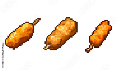 Pixel Art Corn Dog Set. A set of three pixel art illustrations of a classic corn dog.