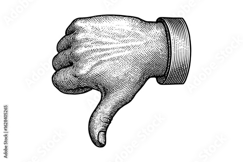 Vintage engraving style thumbs down gesture in black ink