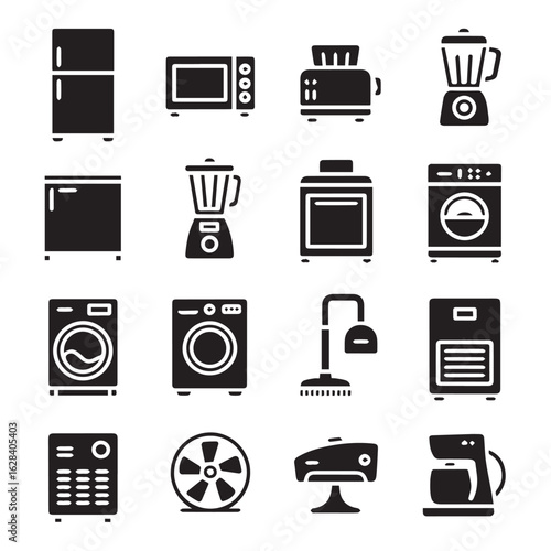 Vector art of a comprehensive set of sixteen black and white icons representing various household appliances and electronics