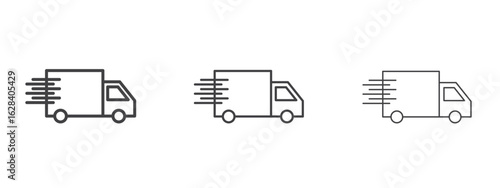Fast shipping delivery truck icon in linear, outline icon isolated on white background