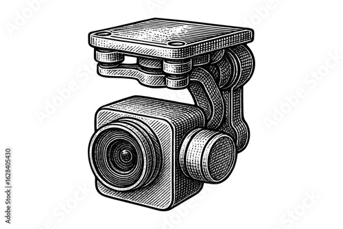 Detailed engraving of a vintage camera gimbal with lens in black and white