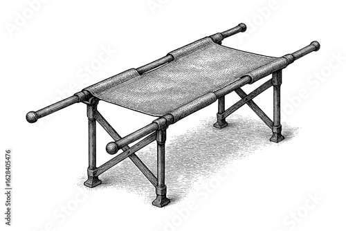 Vintage engraved style folding stretcher on white background