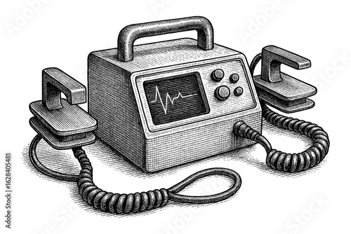 Vintage medical equipment engraving: retro defibrillator in detailed 3d etching style