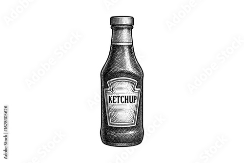 Hand drawn vintage ketchup bottle in black and white