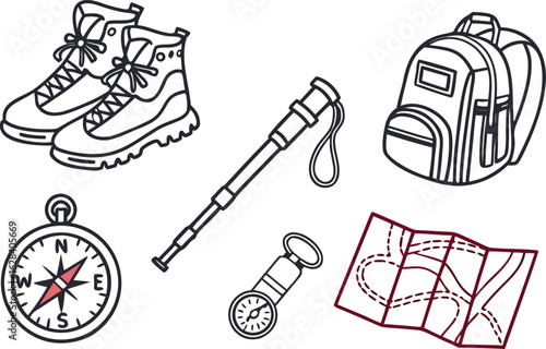 Illustration of hiking boots, backpack, compass, map and trekking pole for outdoor adventure gear
