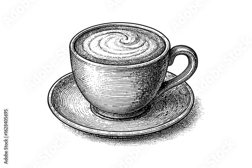 Vintage etching of coffee cup with saucer in black and white