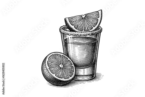 Vintage style tequila shot with citrus garnish and salt on glass