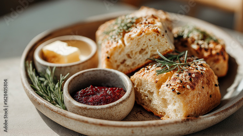 Freshly baked bread with butter and jam, garnished with herbs