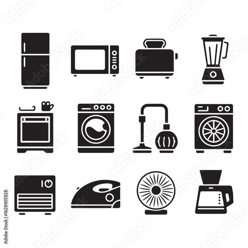 Vector art of a comprehensive set of twelve black and white icons representing various household appliances and electronics