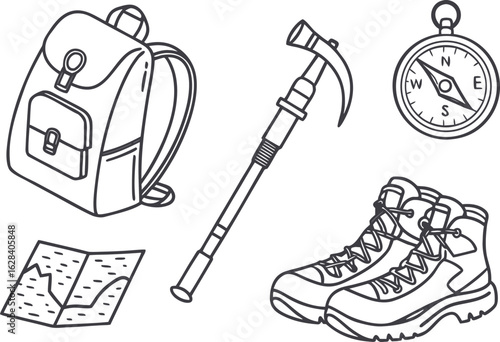 Illustration of hiking gear including a backpack, map, ice axe, compass and hiking boots in outline style