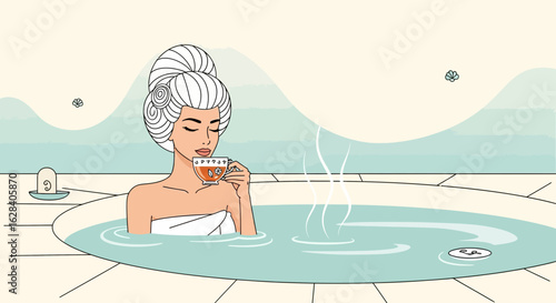 Elegant Woman Enjoying Tea in a Serene Spa Setting for Relaxation and Wellbeing