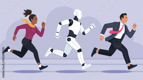 Humans and robot running side by side in abstract scene—symbolizing collaboration, competition, and future-forward teamwork in dynamic motion