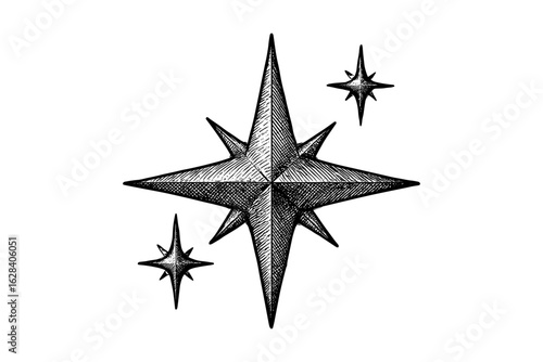 Vintage hand drawn star design with engraved effect for graphic projects