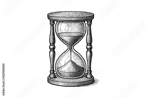 Vintage hand drawn hourglass engraving with sand flowing through
