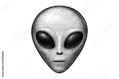 Intricate black and white alien head with large eyes
