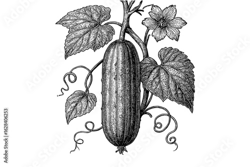 Vintage botanical art of cucumber plant with leaves and flower