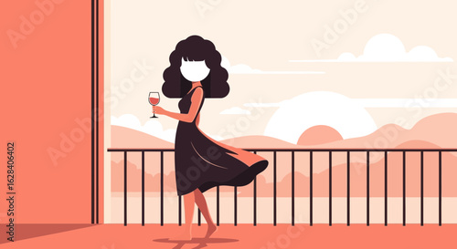 Elegant woman enjoying a glass of wine on a balcony overlooking a serene landscape