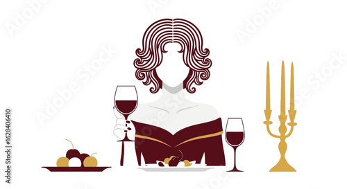 Elegant woman enjoying a glass of red wine at a beautifully set table with candles