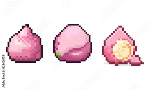 Pixel Art Pink Mochi Ice Cream Set. A set of three pixel art illustrations of mochi ice cream, a popular Japanese dessert. 