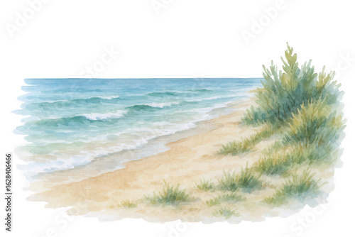 Wallpaper Mural Watercolor painting of gentle ocean waves lapping onto a sandy shore with coastal vegetation and soft light Torontodigital.ca