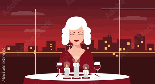 Elegant woman dining romantically with city views and candlelit ambiance illustration