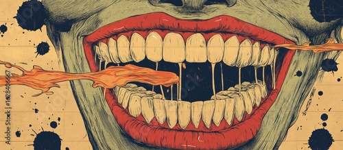 A wide open mouth, filled with teeth, spitting out a fiery liquid
